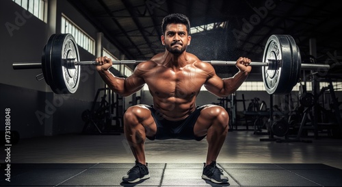 Focused Indian man performing heavy barbell squat in gym, showing power, strength, and determination in training.