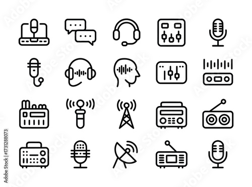 Podcast and Broadcasting Icons – Microphone, Radio, Sound Equipment Outline Set