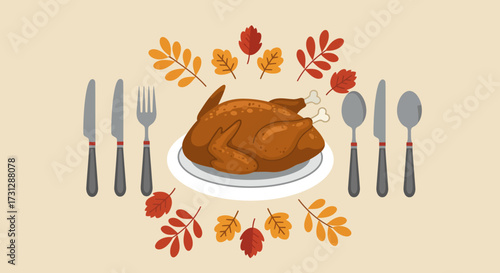 A turkey on a plate with cutlery and leaves