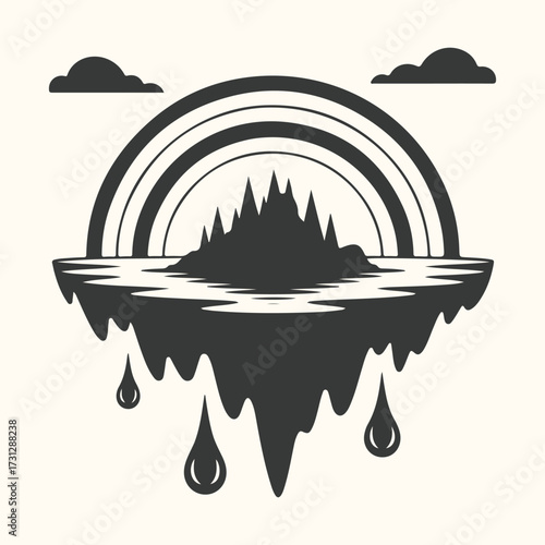 Art of a surreal floating island with a jagged mountain peak, a rainbow arching above, and dripping water below, set against a light beige background, evoking a sense of fantasy and mystery