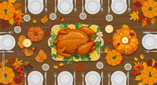 Aerial view of a Thanksgiving table featuring a turkey pumpkins leaves candles dinnerware  fruit
