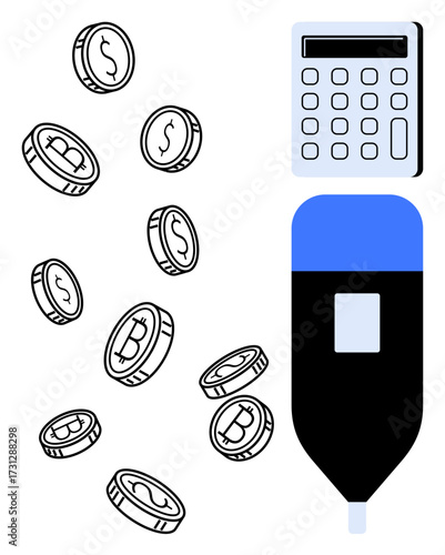 Calculator for financial planning, cryptocurrency coins symbolizing digital finance, and a stylized pen. Ideal for investment, accounting, technology, blockchain, innovation, fintech savings simple