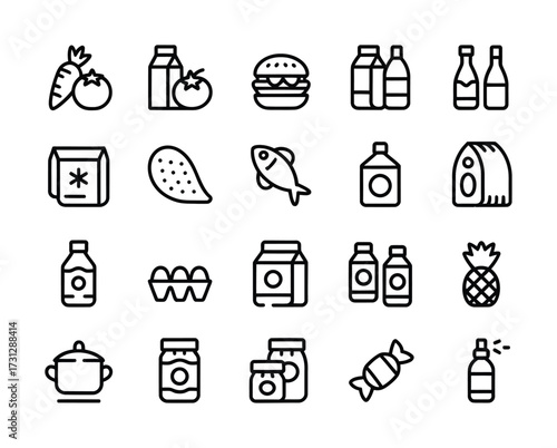 Food and Drink Icons – Grocery, Beverages, Snacks, Fruits, Cooking Outline Set