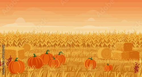 Autumn landscape features pumpkins hay bales and a cornfield under an orange sky