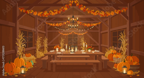 Autumnal scene table set inside a barn decorated with pumpkins candles and foliage