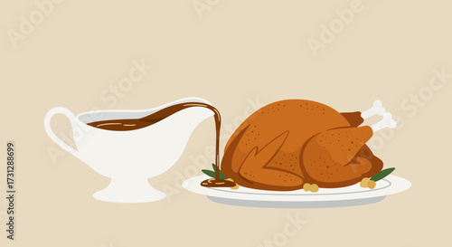 Cartoon depiction shows gravy pouring from a white sauce boat onto a cooked turkey on a plate