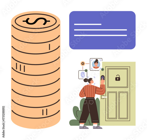 Woman using a smart door lock with biometric access while a coin stack symbolizes financial security. Ideal for technology, innovation, security, privacy, finance, modern living, simplified access