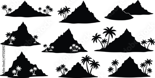 Collection of tropical island mountain silhouettes with palm trees, exotic nature vector design, summer landscape clipart, travel paradise scenery illustration