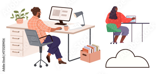 Two people working on computers at separate desks, surrounded by workplace essentials, and a cloud icon. Ideal for collaboration, productivity, teamwork, remote work, technology, innovation