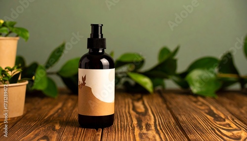 Dark bottle of lotion, earthy tones, plants