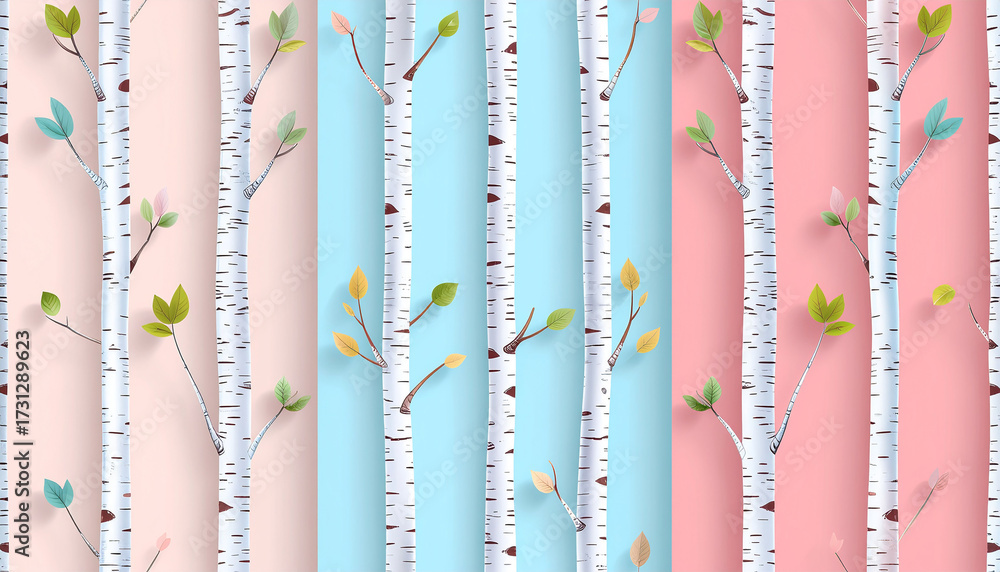 A seamless vector cartoon pattern of birch trees with white bark and small green leaves, arranged in playful rows on pastel background.