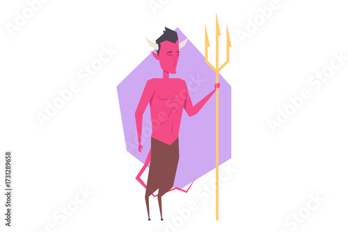 Playful devil character standing confidently, holding trident. With bright pink body and horns, this character adding whimsical touch to Halloween festivities. Ideal for parties or decor