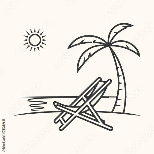 Art of a simple line drawing of a tropical beach scene with a palm tree, a lounge chair, and the sun shining brightly over the ocean waves