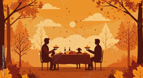Family dinner in autumn forest two figures holding plates child at table with pumpkins and wine