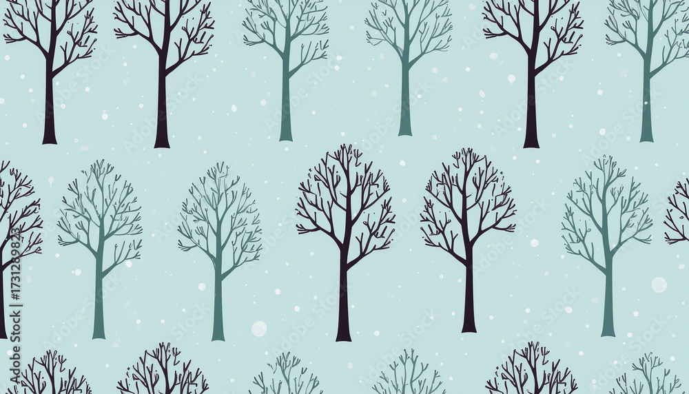 A seamless vector cartoon pattern of leafless winter trees, thin black branches arranged against a pale snowy background.