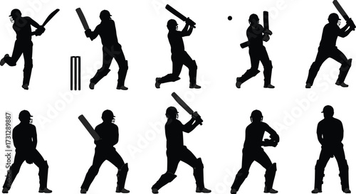 Cricket batsman silhouettes, player batting and fielding poses, cricket match vector, sports activity artwork, team competition illustration, cricket design elements