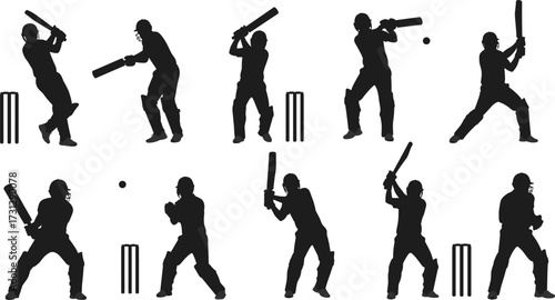 Cricket player silhouettes, batsman actions, batting and fielding poses, cricket match illustration, sports activity design, team competition artwork vector