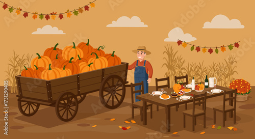 Harvest celebration with a farmer near a pumpkinfilled cart and a decorated table