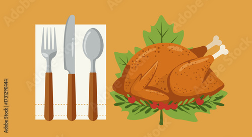 Illustration of turkey dinner with cutlery set on an orange background