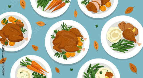 Illustrated plates feature Thanksgiving dishes on a light blue background with scattered fall leaves