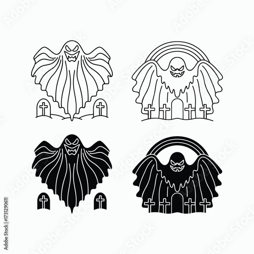 Halloween Ghost Cemetery Graveyard Scary Spooky Horror Outline Design Vector Illustration