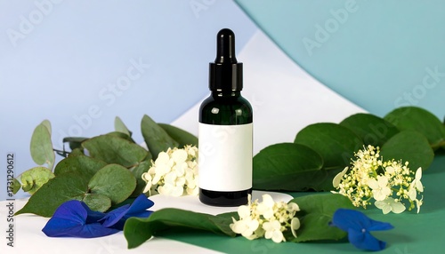 Dark bottle with blank label, surrounded by greenery and flowers
