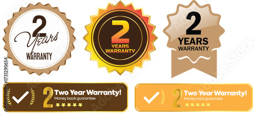Golden Luxury Warranty Badge and Premium Quality Guarantee Seal with Shield, Ribbon, and Star - 2 Year Protection Trust Symbol for E-commerce, Product Packaging, and Website Trust Badge.