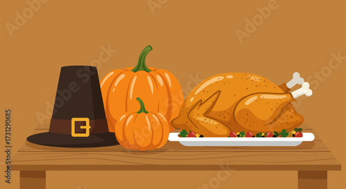 Pilgrim hat two pumpkins and a roasted turkey are shown on a wooden table against a brown backdrop