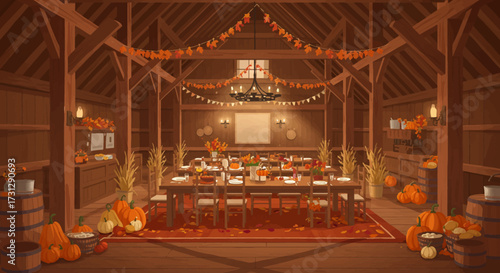 Interior barn set for a festive meal Autumnal decor adorns the wooden structure