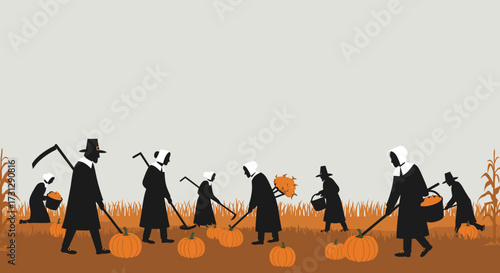 Pilgrims harvest pumpkins in a field corn stalks are present