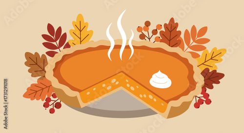 Pumpkin pie with missing slice surrounded by autumn leaves and berries rests on a plate