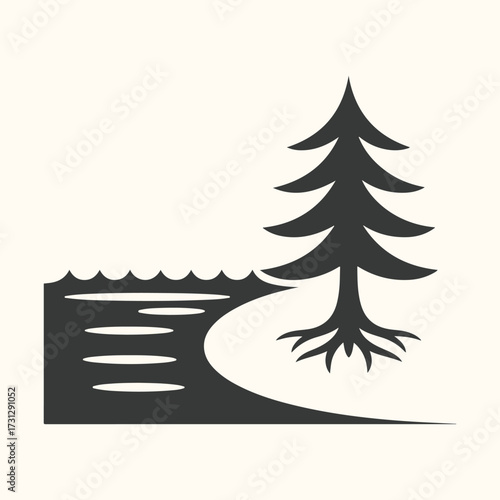 Art of stylized silhouette of a pine tree with exposed roots on the bank of a body of water, featuring a wavy surface and horizontal lines representing ripples, set against a plain background