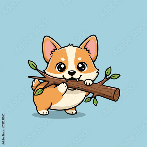 Cute corgi puppy holding a stick with leaves on blue background  