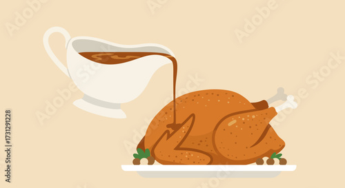 Roasted turkey being drizzled with gravy from a white sauce boat on a plate