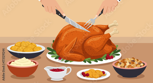 Roasted turkey being sliced with a knife and fork sits among dishes of sides