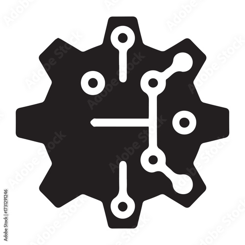 Gear connected to network diagram representing automation system, digital process management, and technology integration concept
