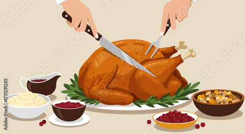 Roasted turkey is being cut with serving fork and knife amid sides like stuffing mashed potatoes and cranberry sauce