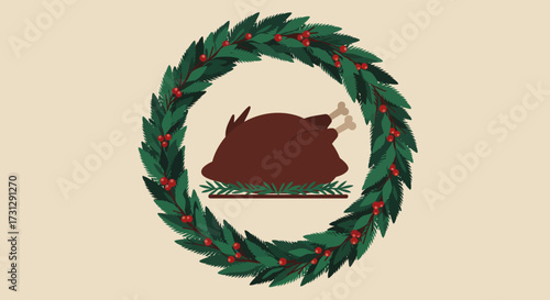Roasted turkey inside a wreath featuring green leaves and red berries placed on a neutral background