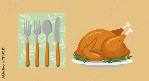 Roasted turkey on a plate with utensils