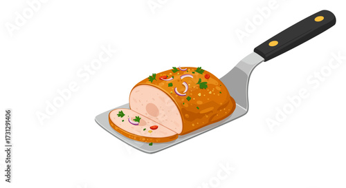 Sliced meatloaf on a spatula garnished with onion and herbs