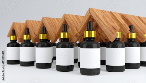 Dark bottles with wooden roofs