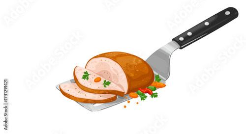 Sliced meatloaf on a spatula with carrots and parsley