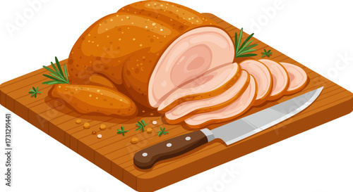 Sliced roasted turkey on a cutting board with a knife and herbs