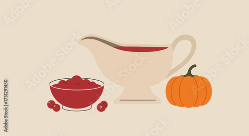 Still life of a bowl of cranberry sauce gravy boat and small pumpkin on a beige background