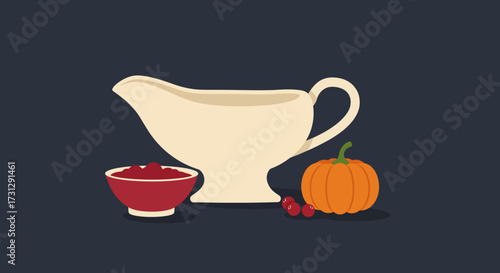 Still life with gravy boat cranberries sauce in bowl and pumpkin