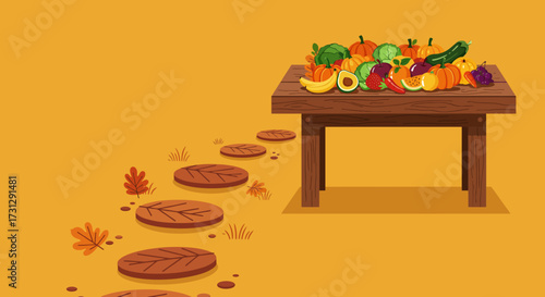 Table laden with pumpkins  vegetables leaf stepping stones on gold background