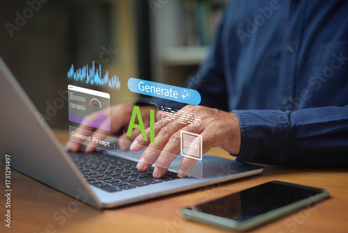 Close-up of hands typing on laptop with futuristic AI interface, data visualization, and digital generation concept, symbolizing artificial intelligence, machine learning, and innovation.