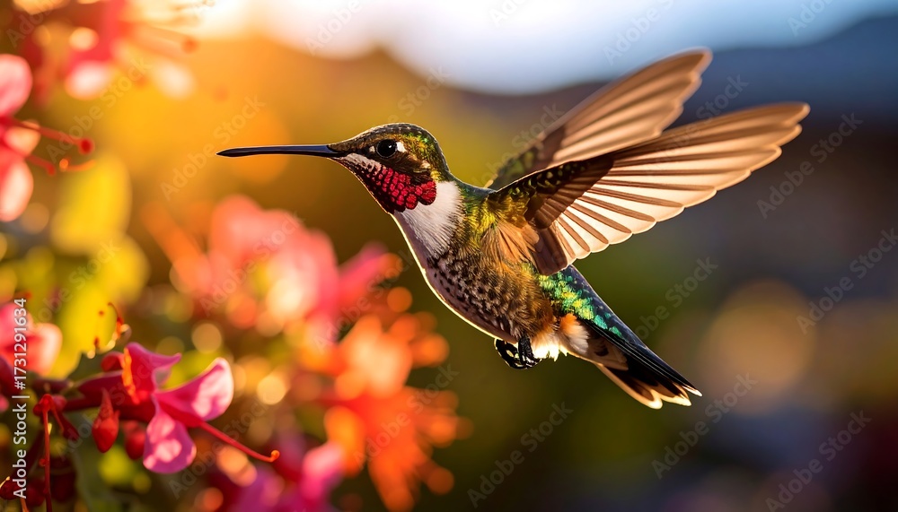 Fototapeta premium Hummingbird in flight amongst flowers