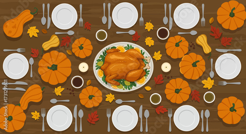 Thanksgiving spread roast turkey center place settings with pumpkins squash leaves candles sauces on a wood table