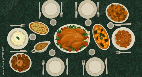 Thanksgiving table setting with turkey plates and side dishes on a patterned tablecloth